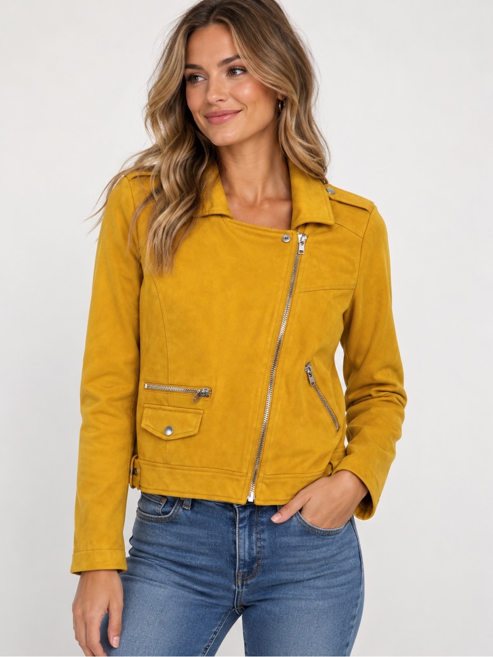 Blu Pepper Mustard Yellow Faux Suede Asymmetrical Zip Moto Jacket